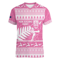 New Zealand Christmas Rugby Personalised Women V-Neck T-Shirt Meri Kirihimete All Black Maori Pink Version LT14 Female Pink - Polynesian Pride