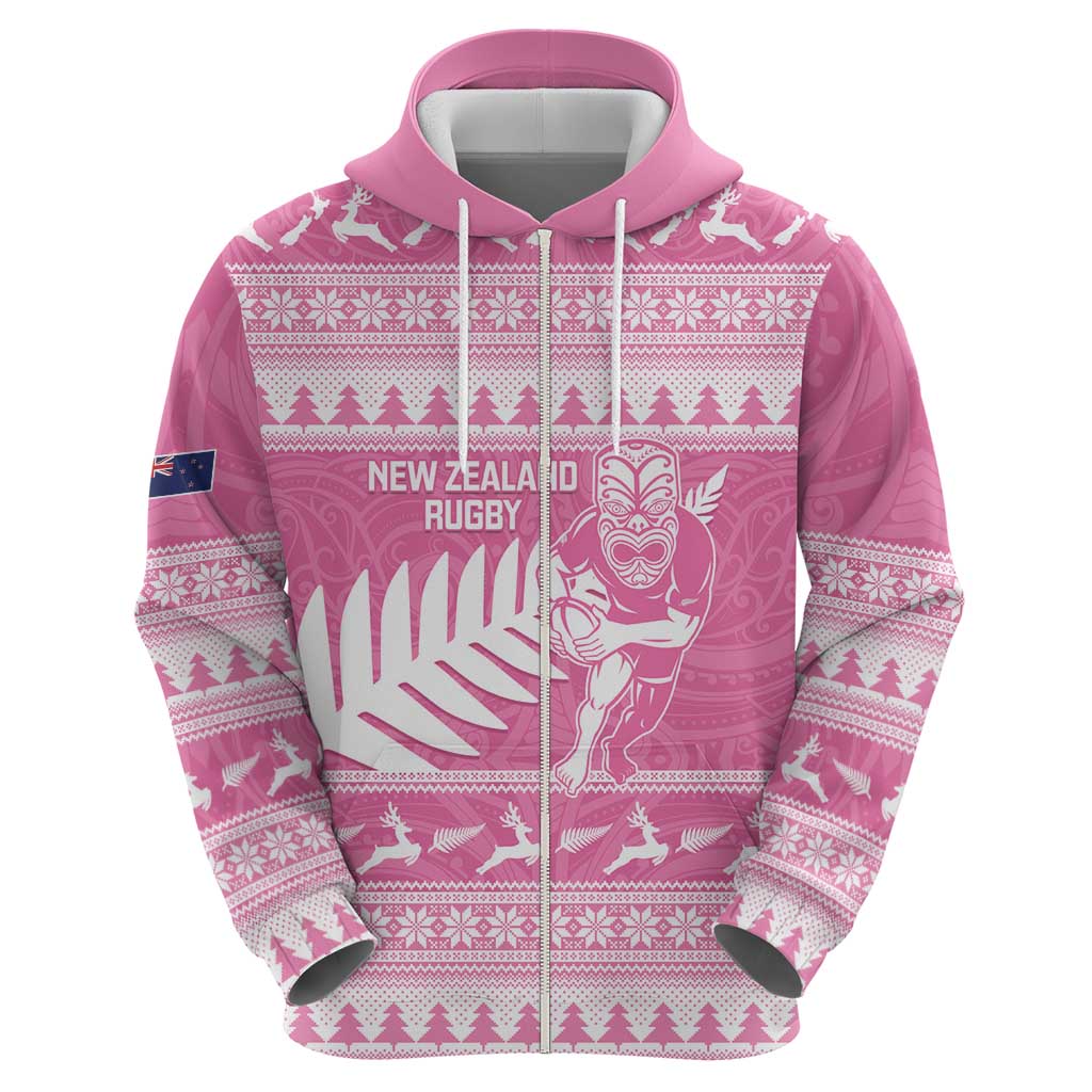 New Zealand Christmas Rugby Personalised Zip Hoodie Meri Kirihimete All Black Maori Pink Version LT14 - Polynesian Pride