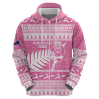 New Zealand Christmas Rugby Personalised Zip Hoodie Meri Kirihimete All Black Maori Pink Version LT14 - Polynesian Pride