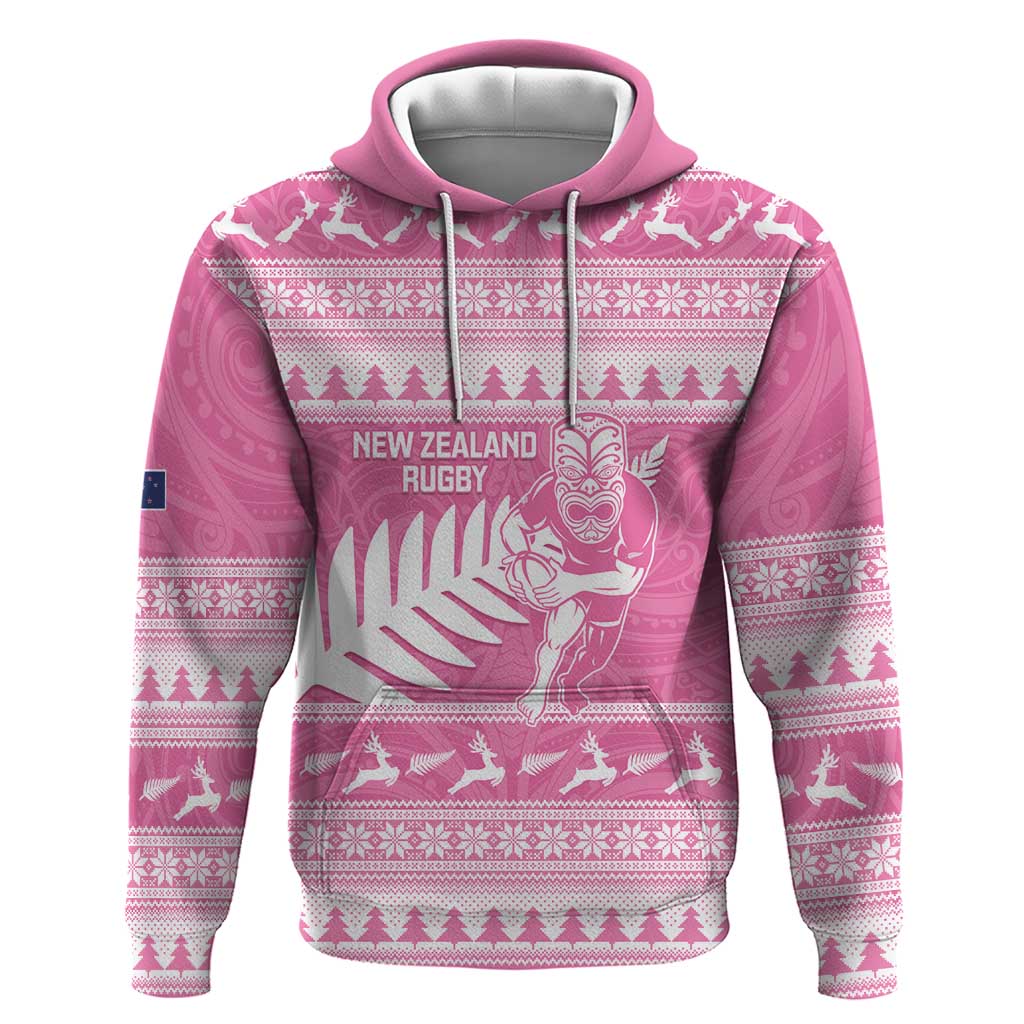 New Zealand Christmas Rugby Personalised Zip Hoodie Meri Kirihimete All Black Maori Pink Version LT14 Pullover Hoodie Pink - Polynesian Pride