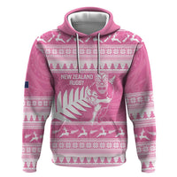 New Zealand Christmas Rugby Personalised Zip Hoodie Meri Kirihimete All Black Maori Pink Version LT14 Pullover Hoodie Pink - Polynesian Pride