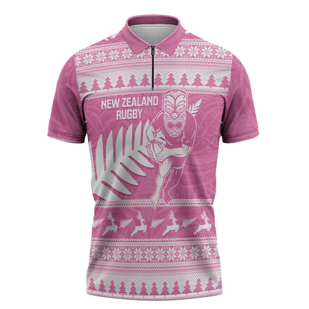 New Zealand Christmas Rugby Personalised Zipper Polo Shirt Meri Kirihimete All Black Maori Pink Version LT14 Pink - Polynesian Pride