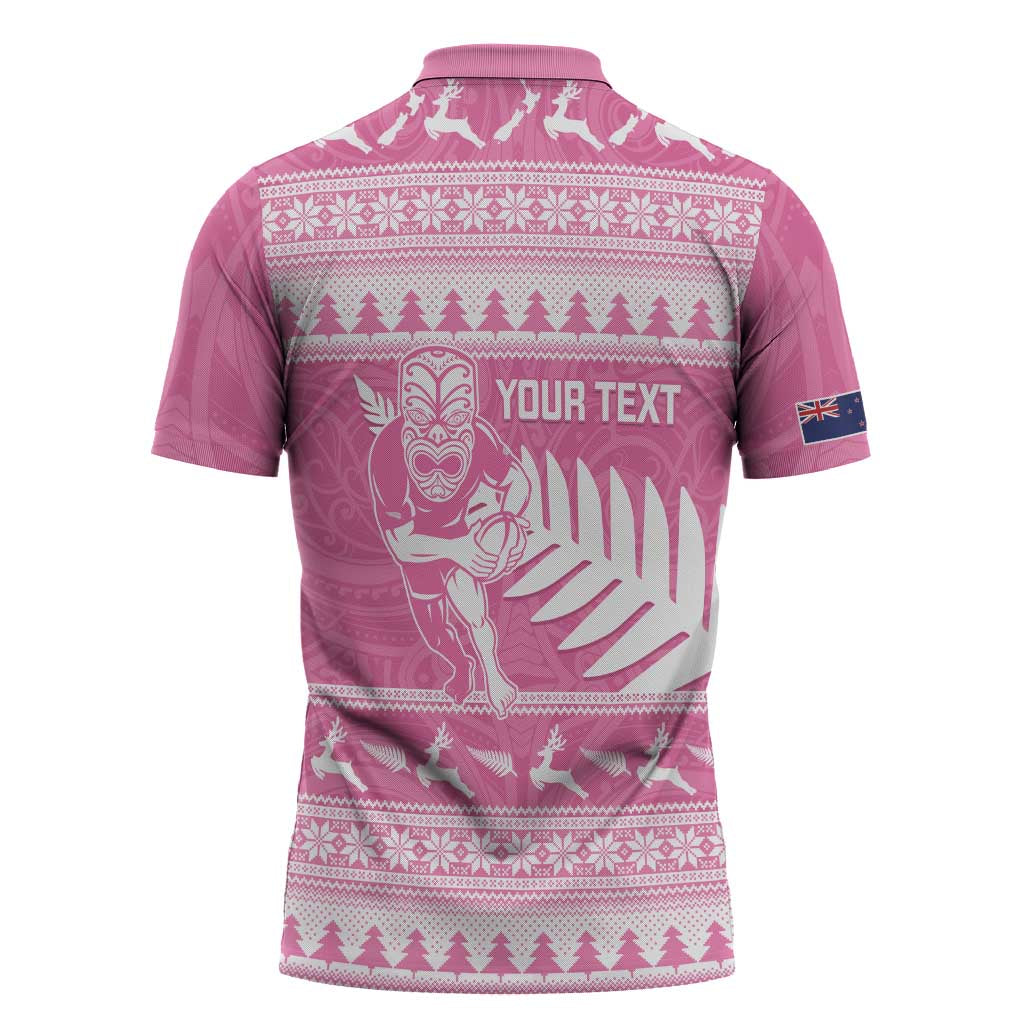 New Zealand Christmas Rugby Personalised Zipper Polo Shirt Meri Kirihimete All Black Maori Pink Version LT14 - Polynesian Pride