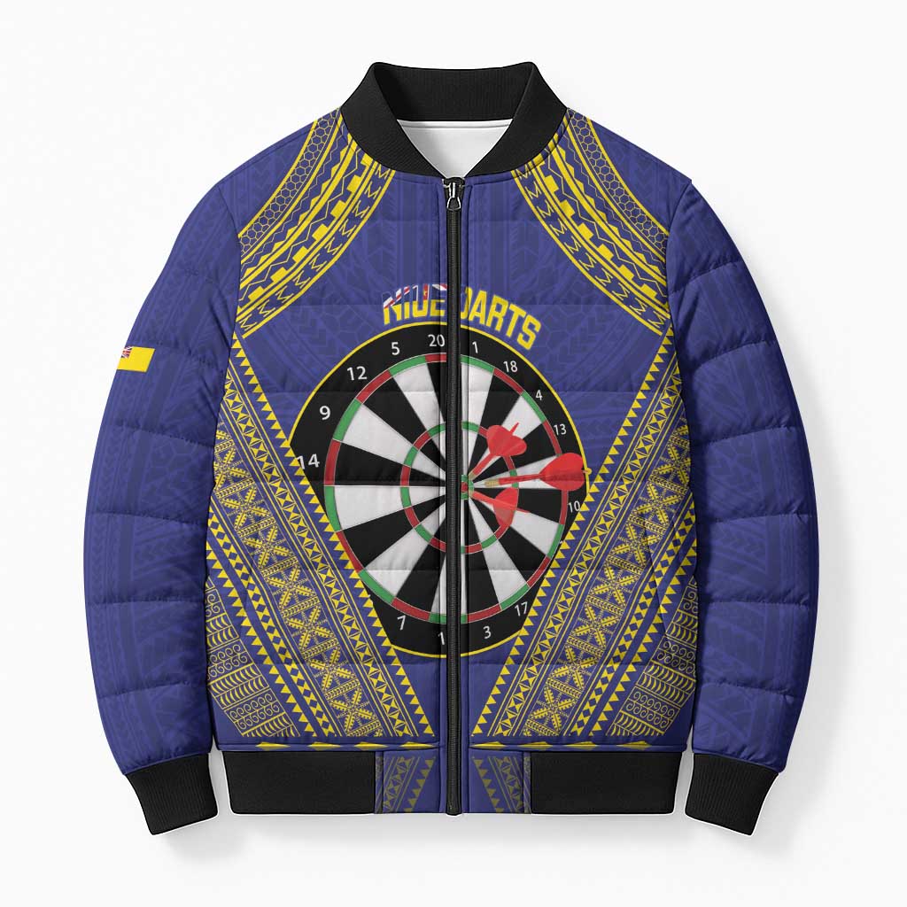 Personalised Niue Darts Bomber Puffer Jacket Dart Board Hiapo Pattern LT14 Unisex Blue - Polynesian Pride