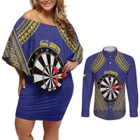 Personalised Niue Darts Couples Matching Off Shoulder Short Dress and Long Sleeve Button Shirt Dart Board Hiapo Pattern LT14 Blue - Polynesian Pride
