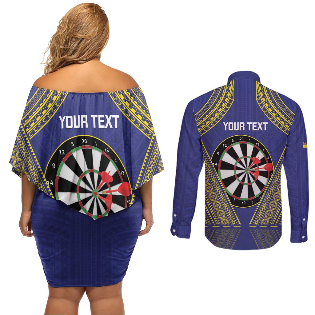 Personalised Niue Darts Couples Matching Off Shoulder Short Dress and Long Sleeve Button Shirt Dart Board Hiapo Pattern LT14 - Polynesian Pride