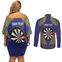 Personalised Niue Darts Couples Matching Off Shoulder Short Dress and Long Sleeve Button Shirt Dart Board Hiapo Pattern LT14 - Polynesian Pride