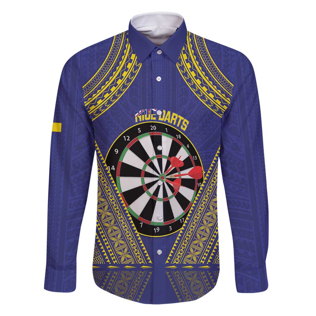 Personalised Niue Darts Family Matching Summer Maxi Dress and Hawaiian Shirt Dart Board Hiapo Pattern LT14 Dad's Shirt - Long Sleeve Blue - Polynesian Pride