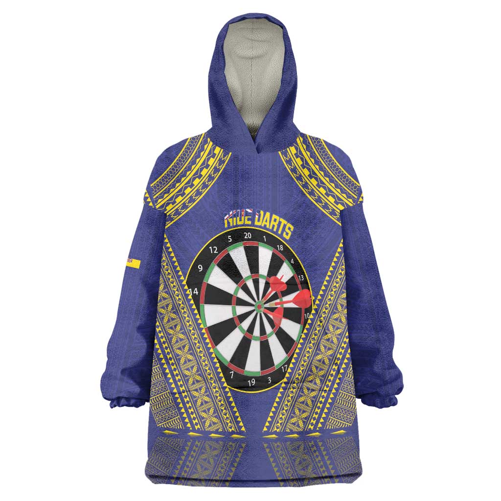 Personalised Niue Darts Wearable Blanket Hoodie Dart Board Hiapo Pattern LT14 One Size Blue - Polynesian Pride