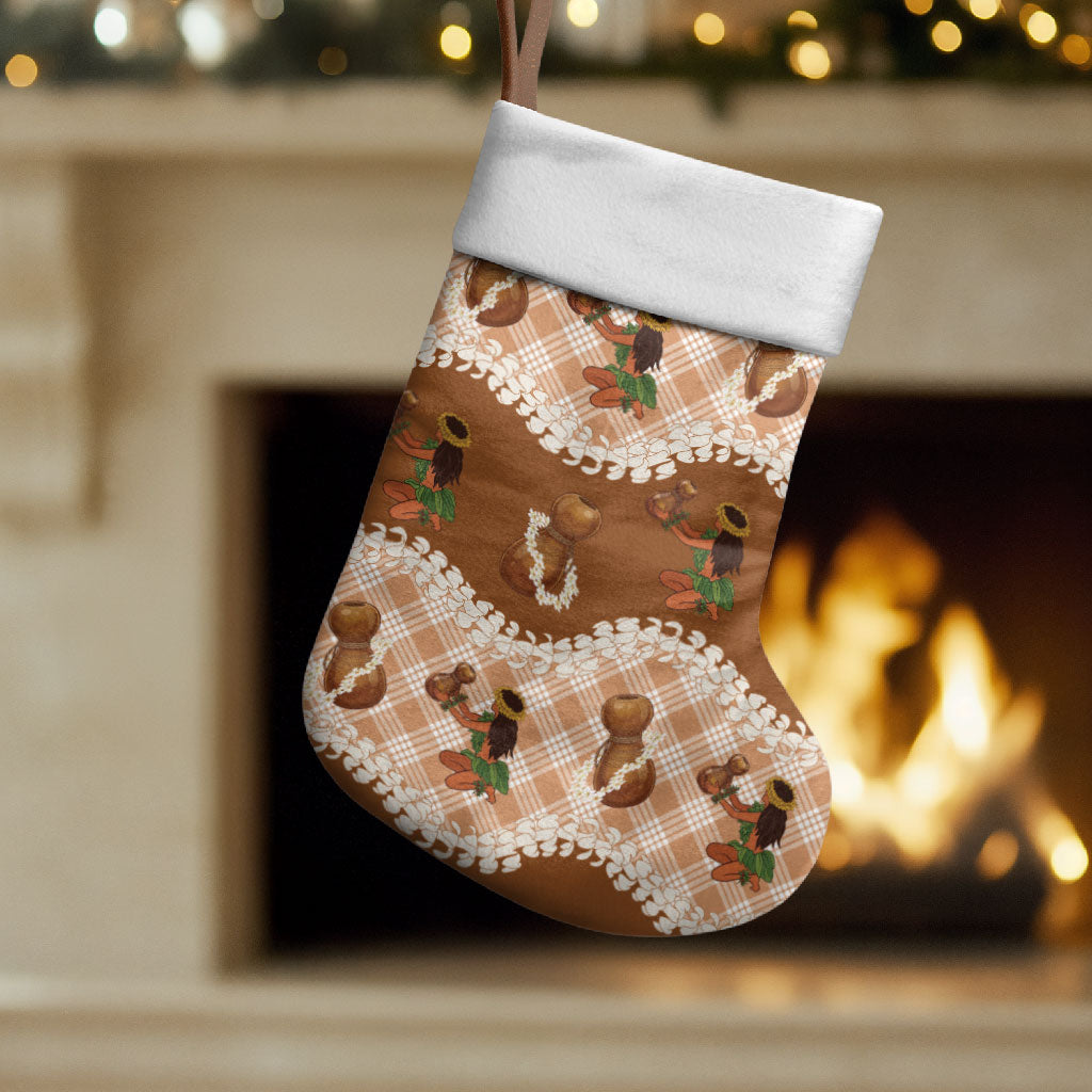Ipu Heke Hawaii Makahiki Christmas Stocking Hawaiian Puakenikeni Lei Hula Girl Palaka Motifs LT14 Set of 2 Brown - Polynesian Pride