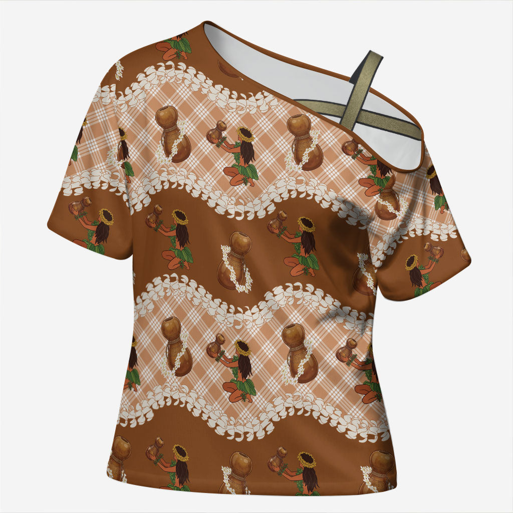 Ipu Heke Hawaii Makahiki Cross Shoulder Shirt Hawaiian Puakenikeni Lei Hula Girl Palaka Motifs LT14 Female Brown - Polynesian Pride
