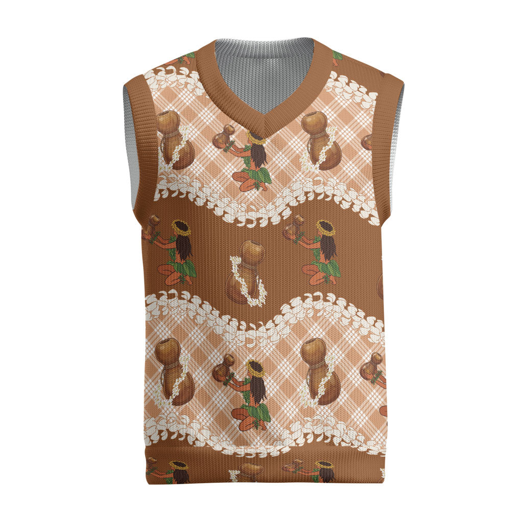 Ipu Heke Hawaii Makahiki Christmas Knitted V-Neck Vest Hawaiian Puakenikeni Lei Hula Girl Palaka Motifs LT14 Brown - Polynesian Pride