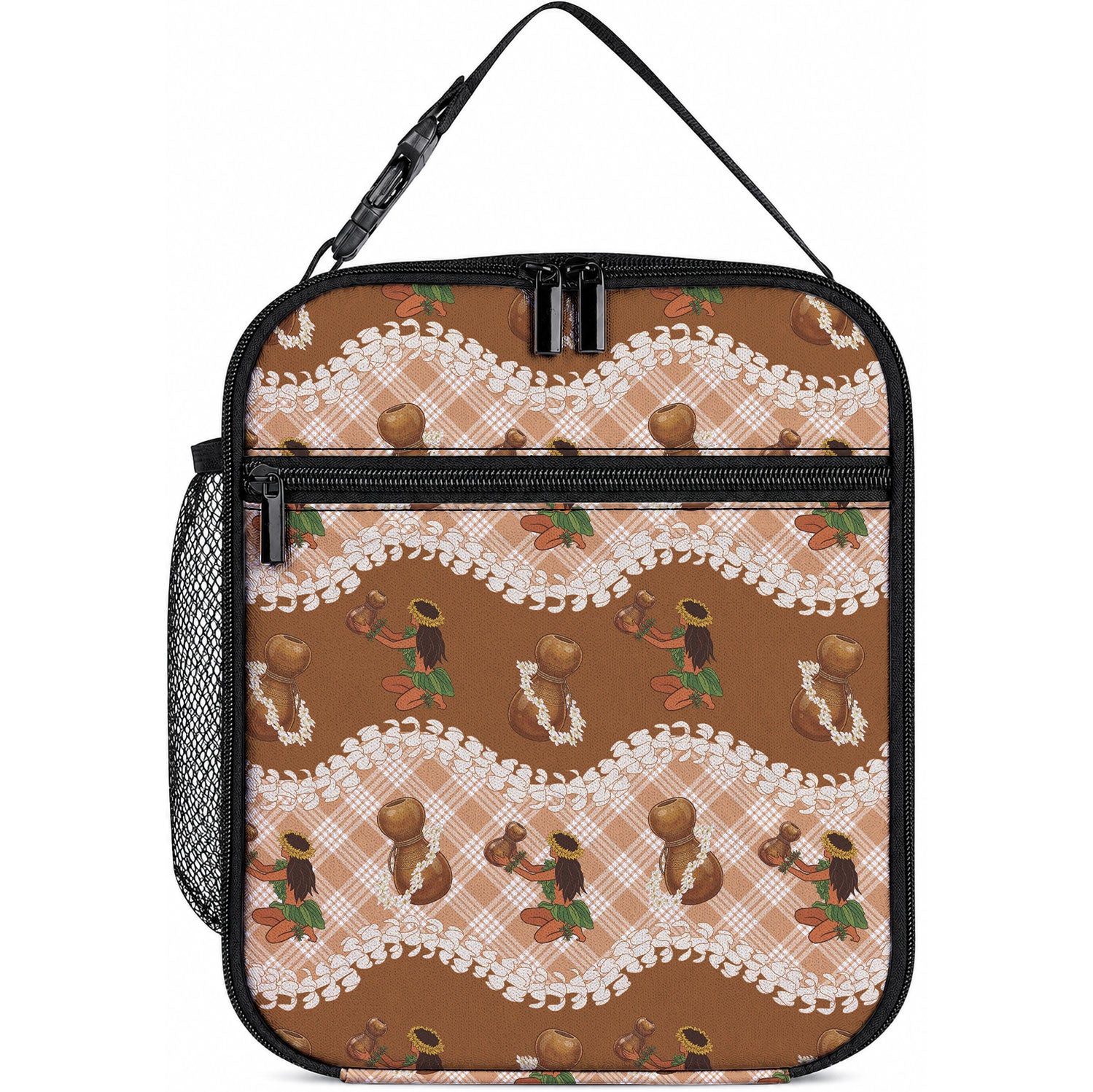Ipu Heke Hawaii Makahiki Lunch Bag Hawaiian Puakenikeni Lei Hula Girl Palaka Motifs LT14 10.2 × 8.3 × 4.3 inch Brown - Polynesian Pride