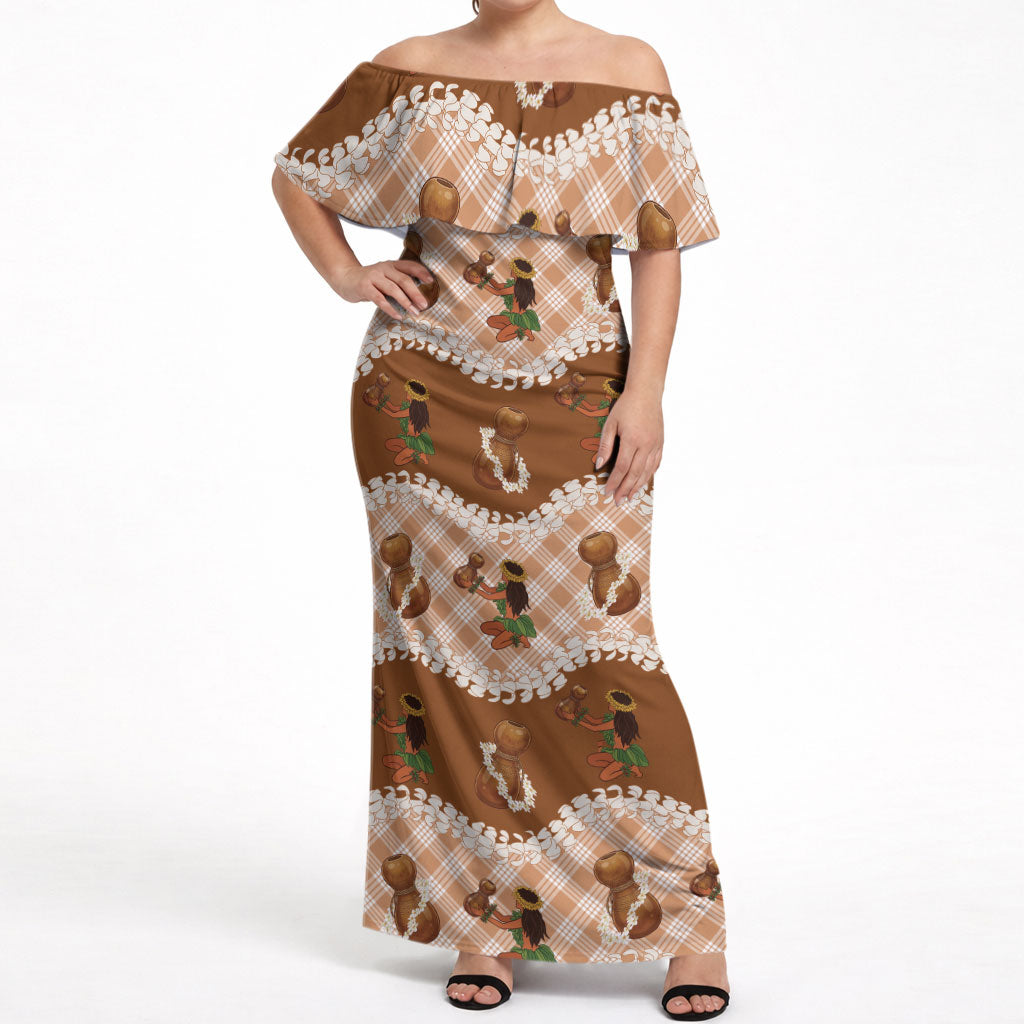 Ipu Heke Hawaii Makahiki Off Shoulder Maxi Dress Hawaiian Puakenikeni Lei Hula Girl Palaka Motifs LT14 Women Brown - Polynesian Pride