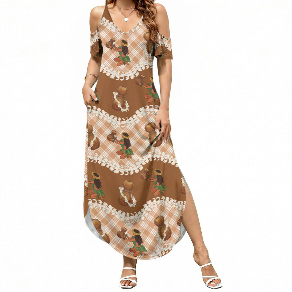 Ipu Heke Hawaii Makahiki Summer Maxi Dress Hawaiian Puakenikeni Lei Hula Girl Palaka Motifs LT14 Women Brown - Polynesian Pride