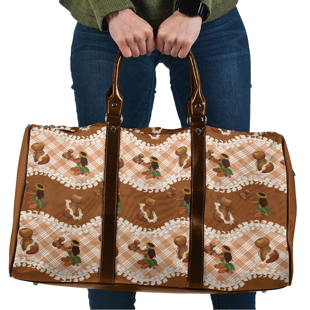 Ipu Heke Hawaii Makahiki Travel Bag Hawaiian Puakenikeni Lei Hula Girl Palaka Motifs LT14 Brown - Polynesian Pride