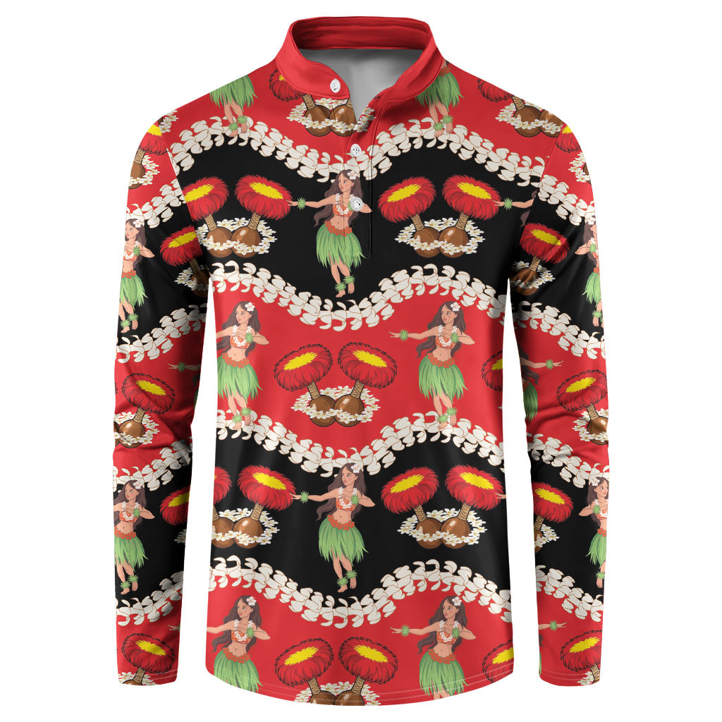 Uliuli Hawaii Makahiki Button Sweatshirt Hawaiian Puakenikeni Lei Hula Girl Red Version