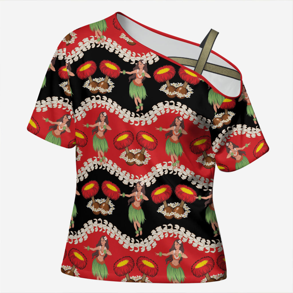Uliuli Hawaii Makahiki Cross Shoulder Shirt Hawaiian Puakenikeni Lei Hula Girl Red Version LT14 Female Red - Polynesian Pride