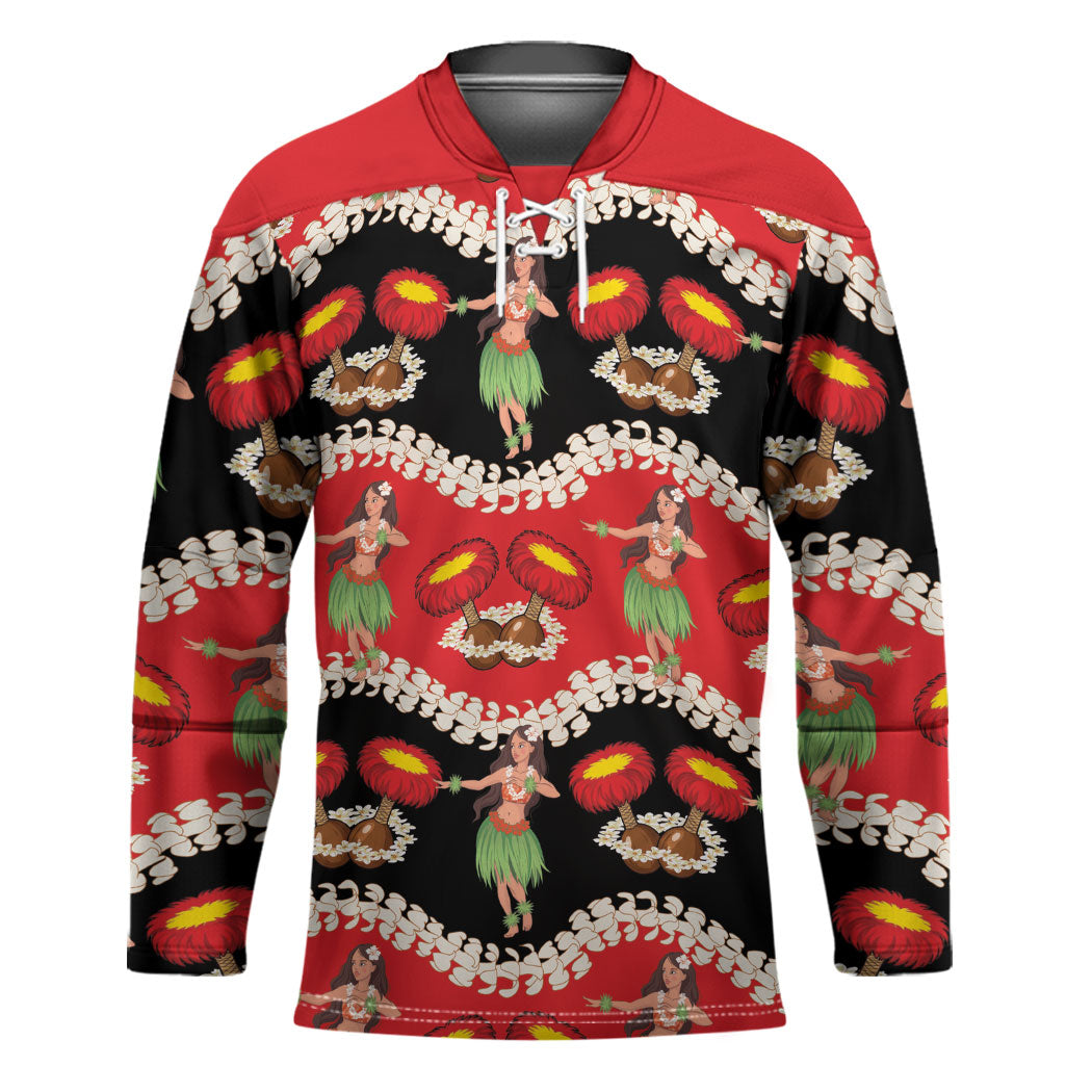 Uliuli Hawaii Makahiki Hockey Jersey Hawaiian Puakenikeni Lei Hula Girl Red Version LT14 Unisex Red - Polynesian Pride