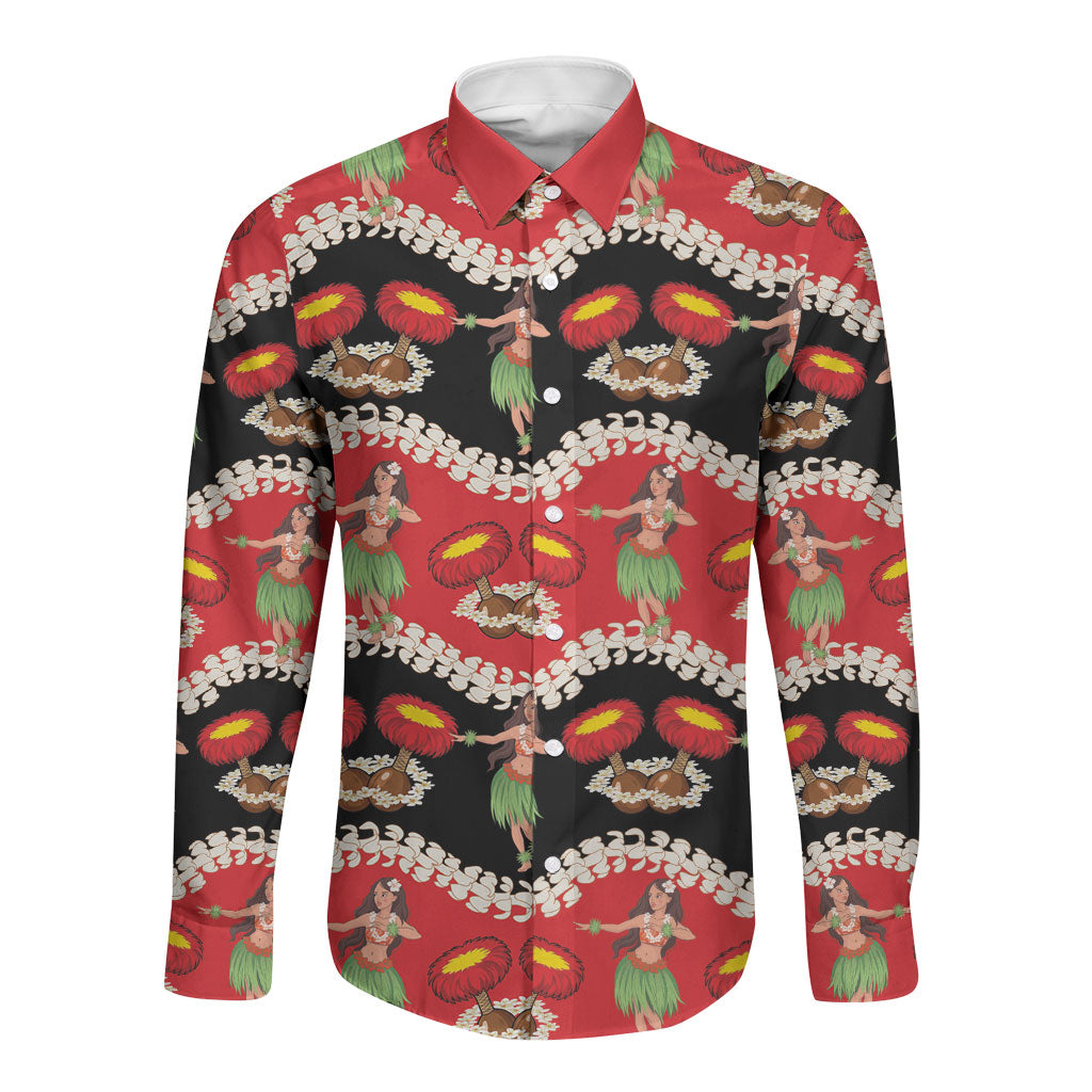 Uliuli Hawaii Makahiki Long Sleeve Button Shirt Hawaiian Puakenikeni Lei Hula Girl Red Version LT14 Unisex Red - Polynesian Pride