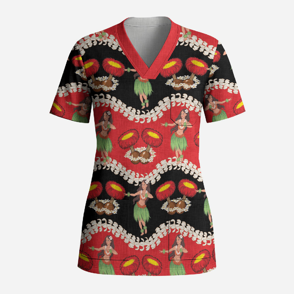 Uliuli Hawaii Makahiki Scrub Top Hawaiian Puakenikeni Lei Hula Girl Red Version LT14 Adult Red - Polynesian Pride