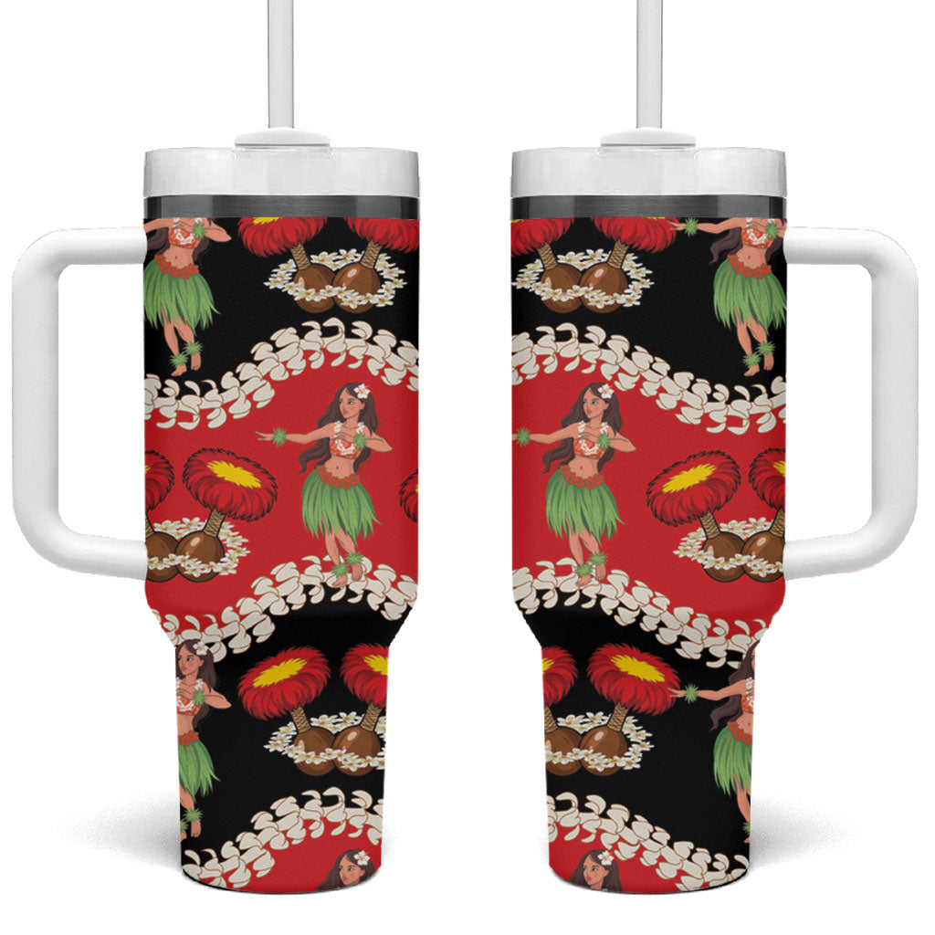 Uliuli Hawaii Makahiki Tumbler With Handle Hawaiian Puakenikeni Lei Hula Girl Red Version LT14 One Size: 40 oz Red - Polynesian Pride