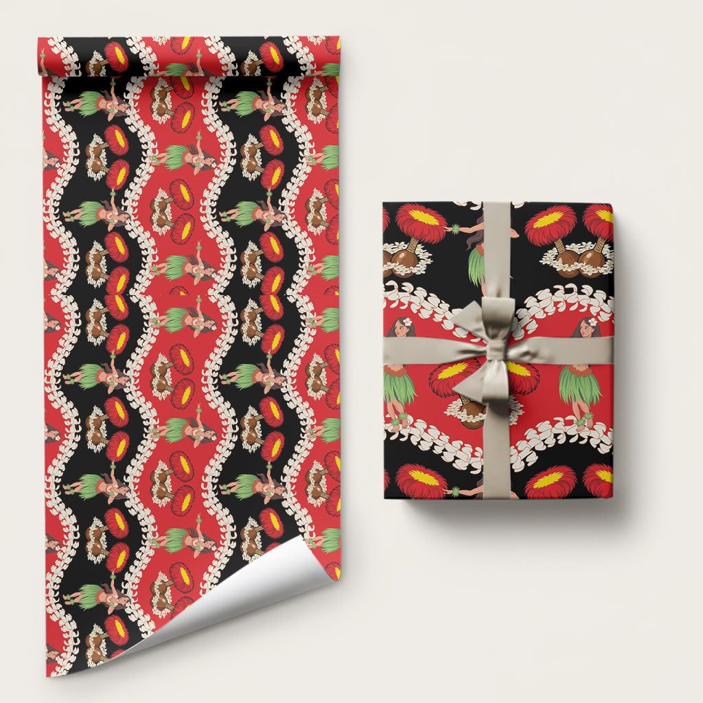 Uliuli Hawaii Makahiki Wrapping Paper Hawaiian Puakenikeni Lei Hula Girl Red Version