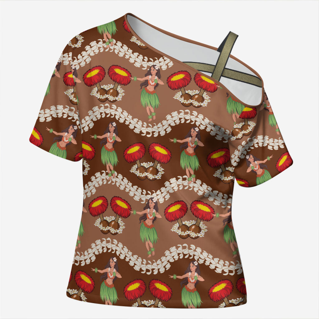 Uliuli Hawaii Makahiki Cross Shoulder Shirt Hawaiian Puakenikeni Lei Hula Girl Brown Version LT14 Female Brown - Polynesian Pride
