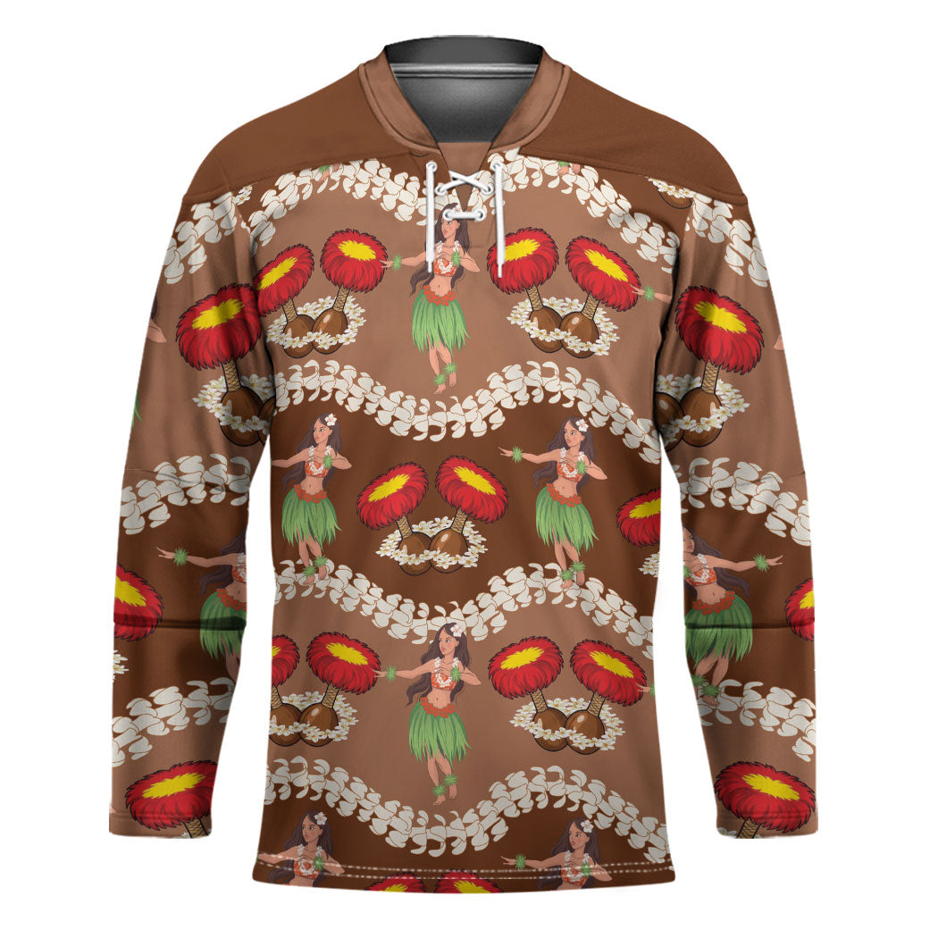 Uliuli Hawaii Makahiki Hockey Jersey Hawaiian Puakenikeni Lei Hula Girl Brown Version LT14 Unisex Brown - Polynesian Pride