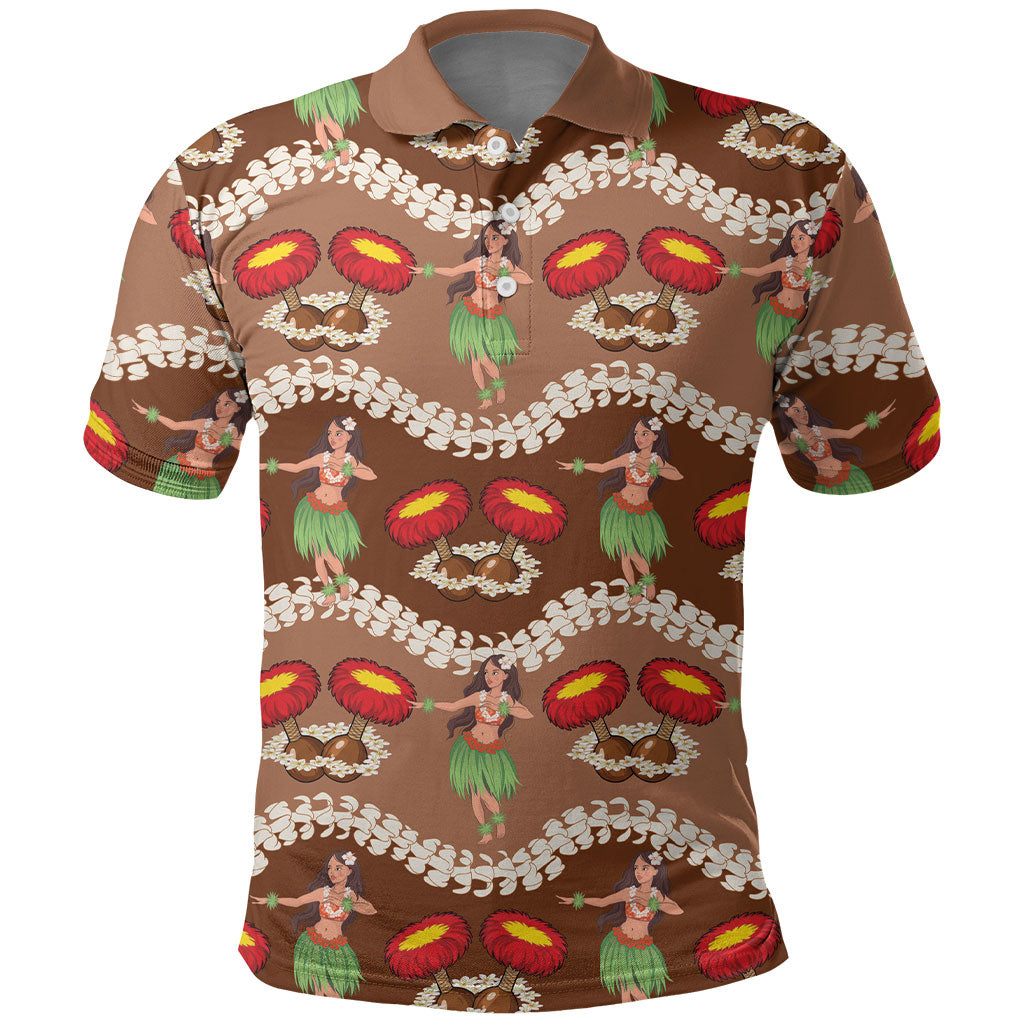 Uliuli Hawaii Makahiki Polo Shirt Hawaiian Puakenikeni Lei Hula Girl Brown Version