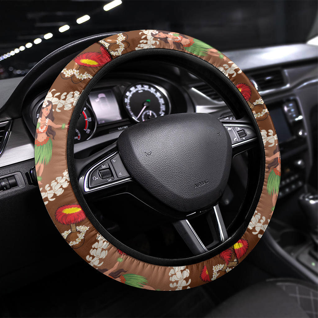 Uliuli Hawaii Makahiki Steering Wheel Cover Hawaiian Puakenikeni Lei Hula Girl Brown Version LT14 Universal Fit Brown - Polynesian Pride