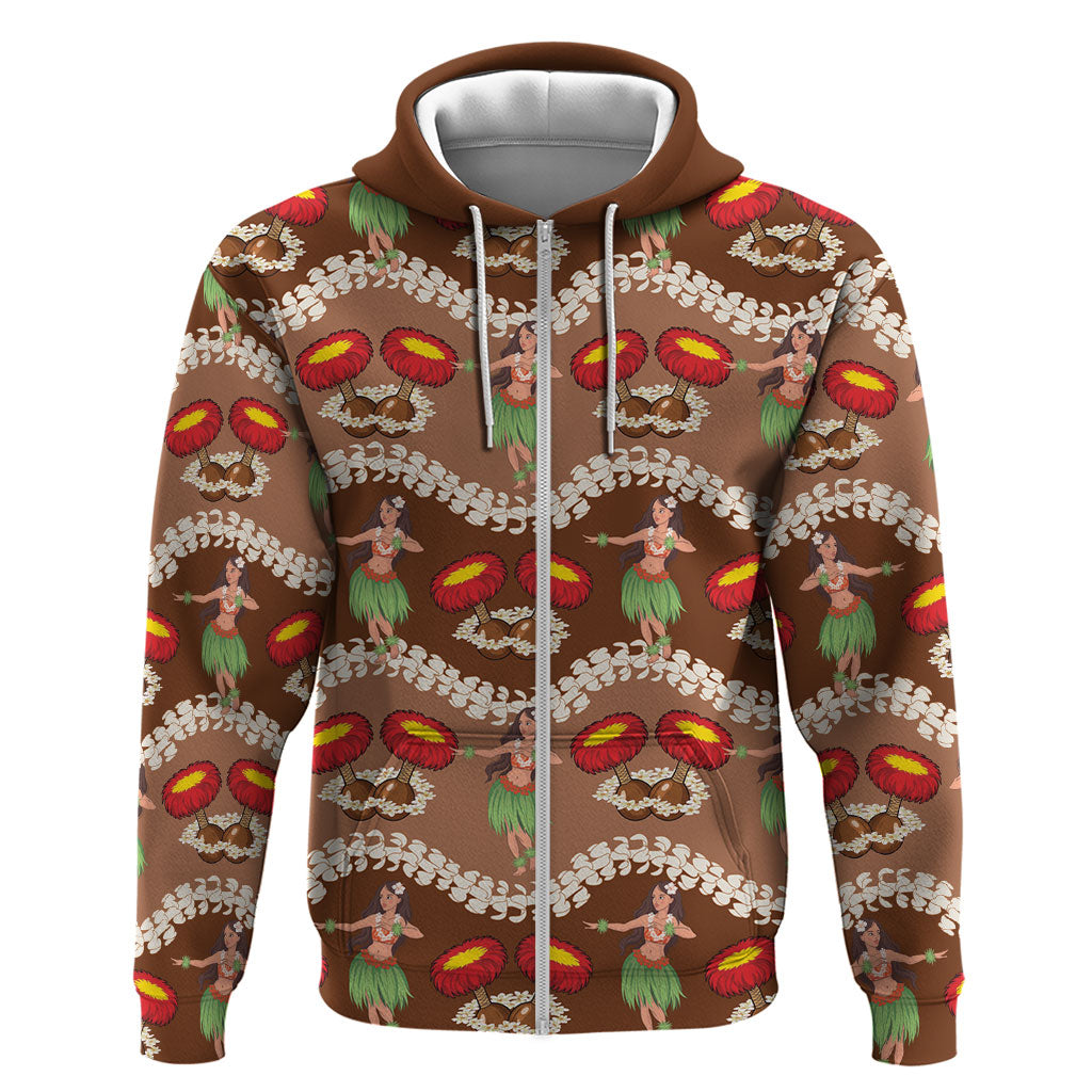 Uliuli Hawaii Makahiki Zip Hoodie Hawaiian Puakenikeni Lei Hula Girl Brown Version LT14 Zip Hoodie Brown - Polynesian Pride