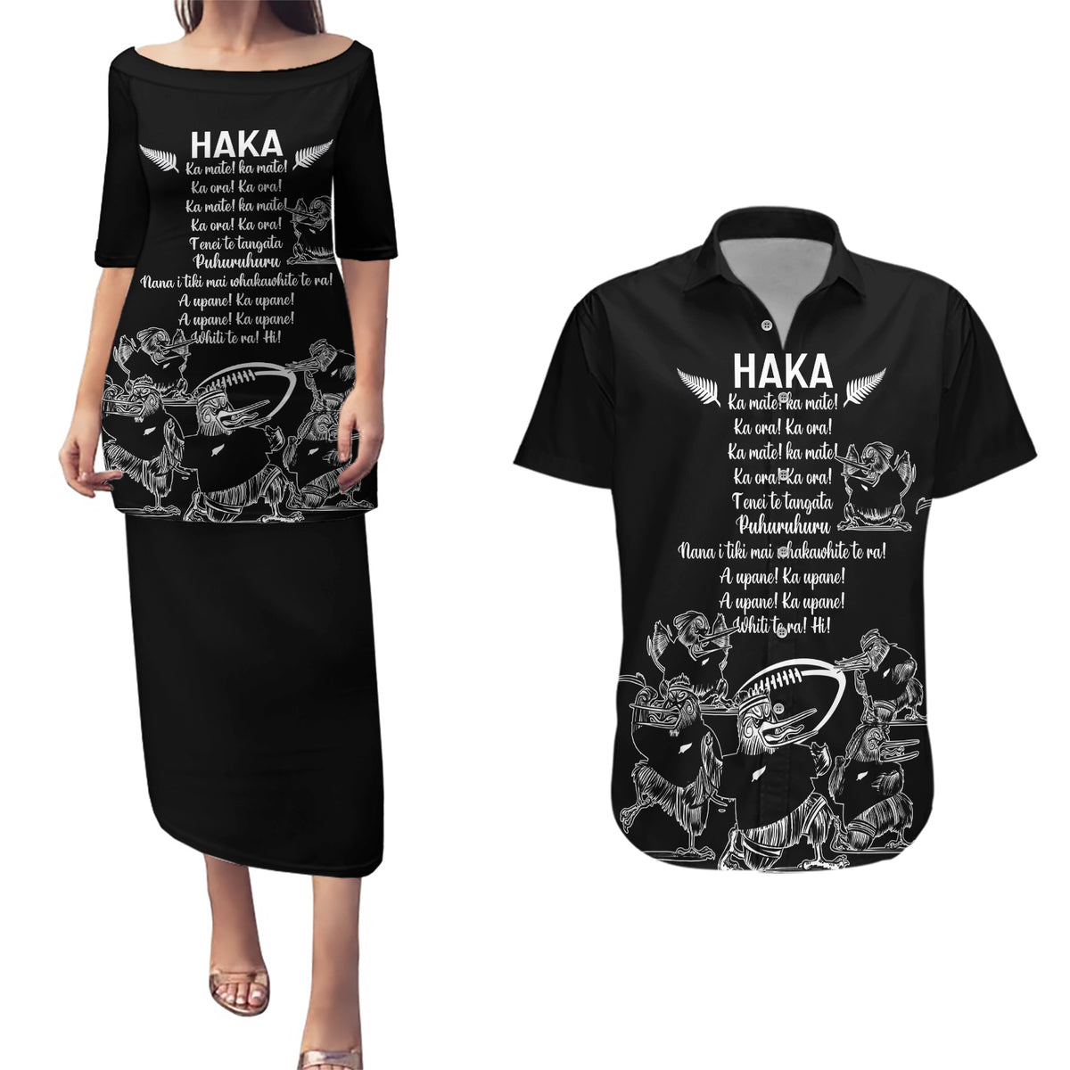New Zealand Silver Fern Rugby Couples Matching Puletasi Dress and Hawaiian Shirt Haka Aotearoa Kiwi Dance LT14 Black - Polynesian Pride