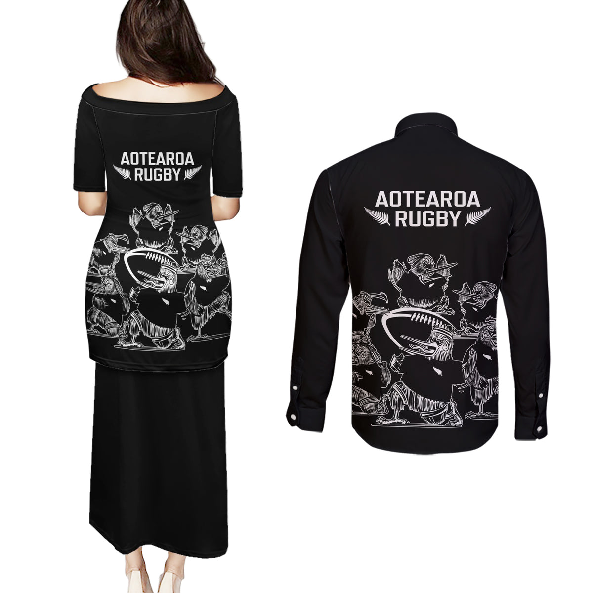 New Zealand Silver Fern Rugby Couples Matching Puletasi Dress and Long Sleeve Button Shirt Haka Aotearoa Kiwi Dance LT14 - Polynesian Pride