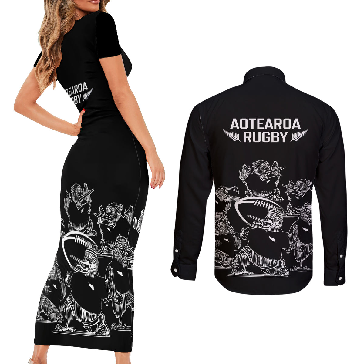 New Zealand Silver Fern Rugby Couples Matching Short Sleeve Bodycon Dress and Long Sleeve Button Shirt Haka Aotearoa Kiwi Dance LT14 - Polynesian Pride