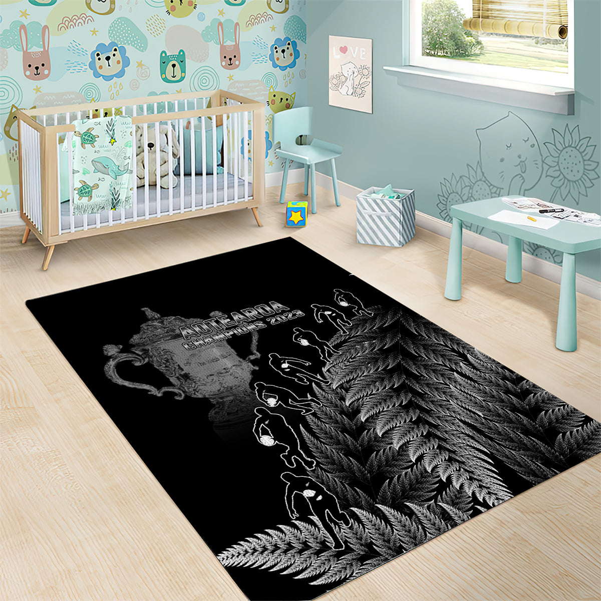 Custom New Zealand Silver Fern Rugby Area Rug All Black Go Champions 2023 With Trophy Proud LT14 - Polynesian Pride