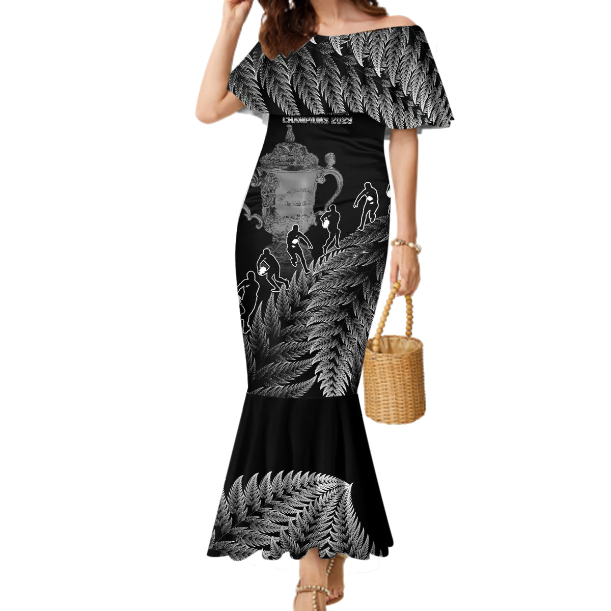 Custom New Zealand Silver Fern Rugby Family Matching Mermaid Dress and Hawaiian Shirt All Black Go Champions 2023 With Trophy Proud LT14 Mom's Dress Black - Polynesian Pride