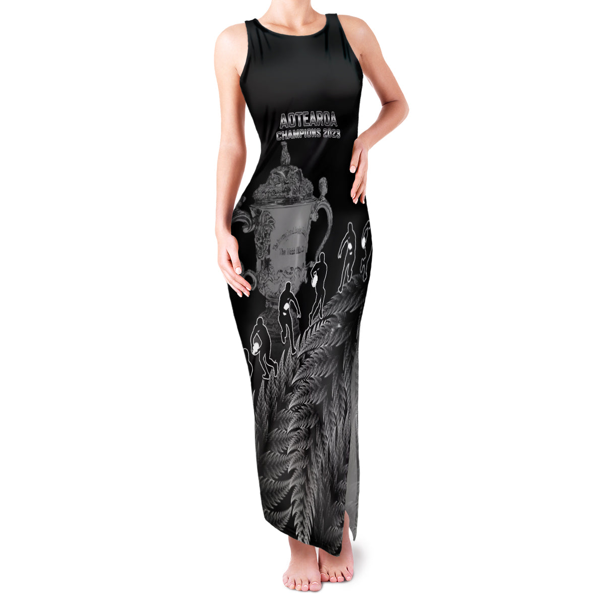 Custom New Zealand Silver Fern Rugby Family Matching Tank Maxi Dress and Hawaiian Shirt All Black Go Champions 2023 With Trophy Proud LT14 Mom's Dress Black - Polynesian Pride