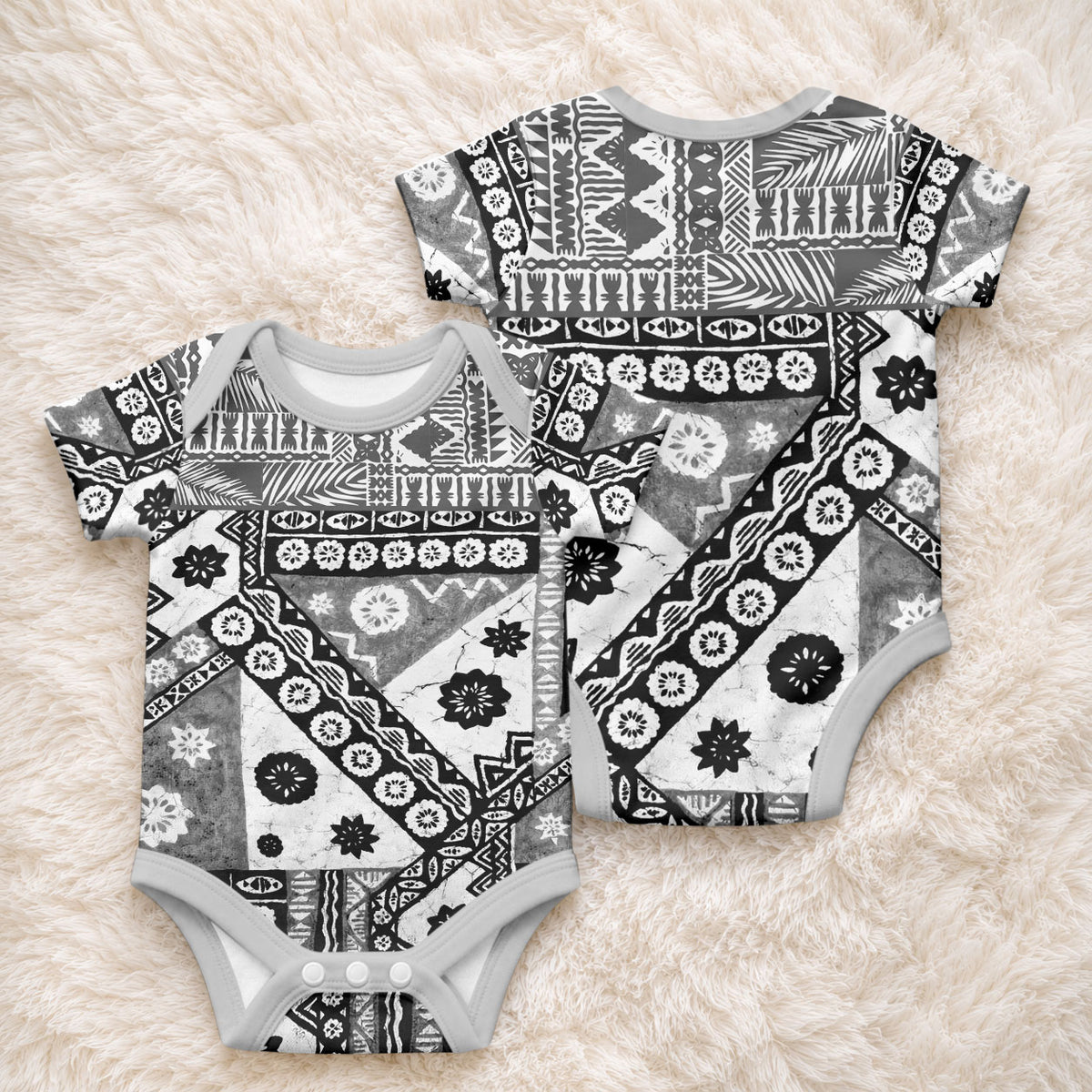 Black Bula Fiji Baby Onesie Unique Masi Tapa Pattern LT14 - Polynesian Pride