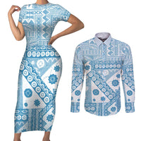 Blue Bula Fiji Couples Matching Short Sleeve Bodycon Dress and Long Sleeve Button Shirt Unique Masi Tapa Pattern LT14 Blue - Polynesian Pride