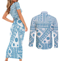 Blue Bula Fiji Couples Matching Short Sleeve Bodycon Dress and Long Sleeve Button Shirt Unique Masi Tapa Pattern LT14 - Polynesian Pride