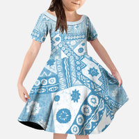 Blue Bula Fiji Family Matching Off The Shoulder Long Sleeve Dress and Hawaiian Shirt Unique Masi Tapa Pattern