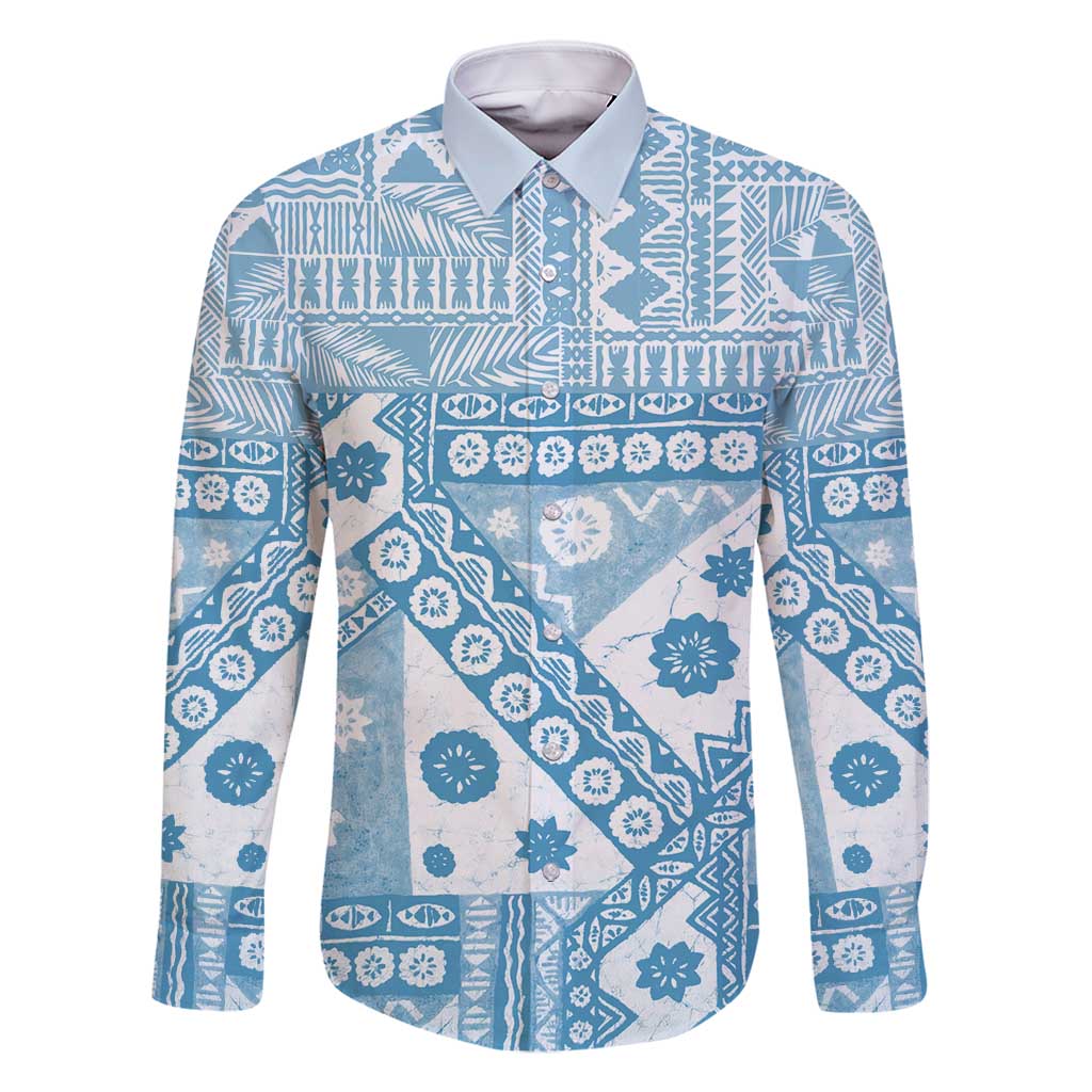 Blue Bula Fiji Family Matching Summer Maxi Dress and Hawaiian Shirt Unique Masi Tapa Pattern LT14 Dad's Shirt - Long Sleeve Blue - Polynesian Pride