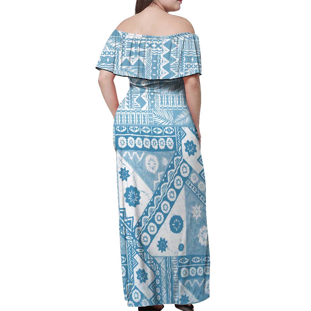 Blue Bula Fiji Off Shoulder Maxi Dress Unique Masi Tapa Pattern