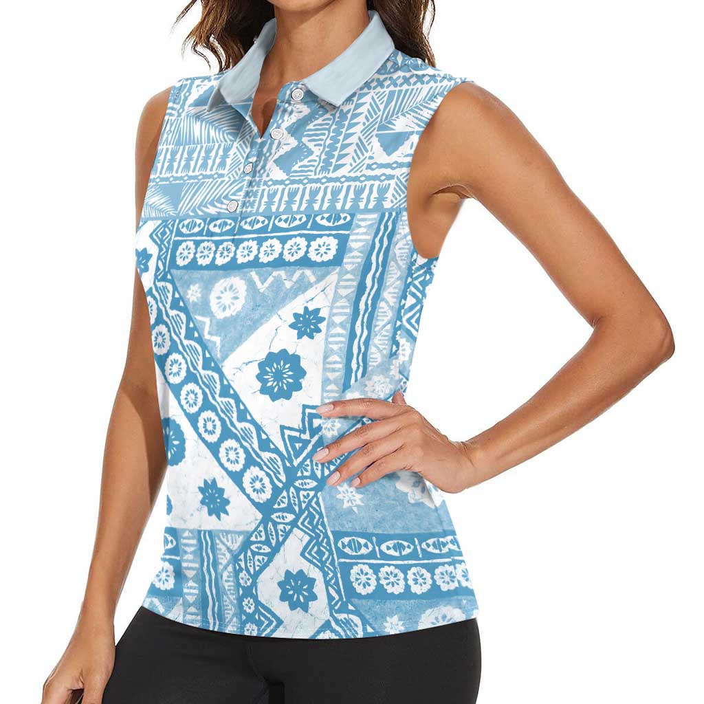 Blue Bula Fiji Women Sleeveless Polo Shirt Unique Masi Tapa Pattern