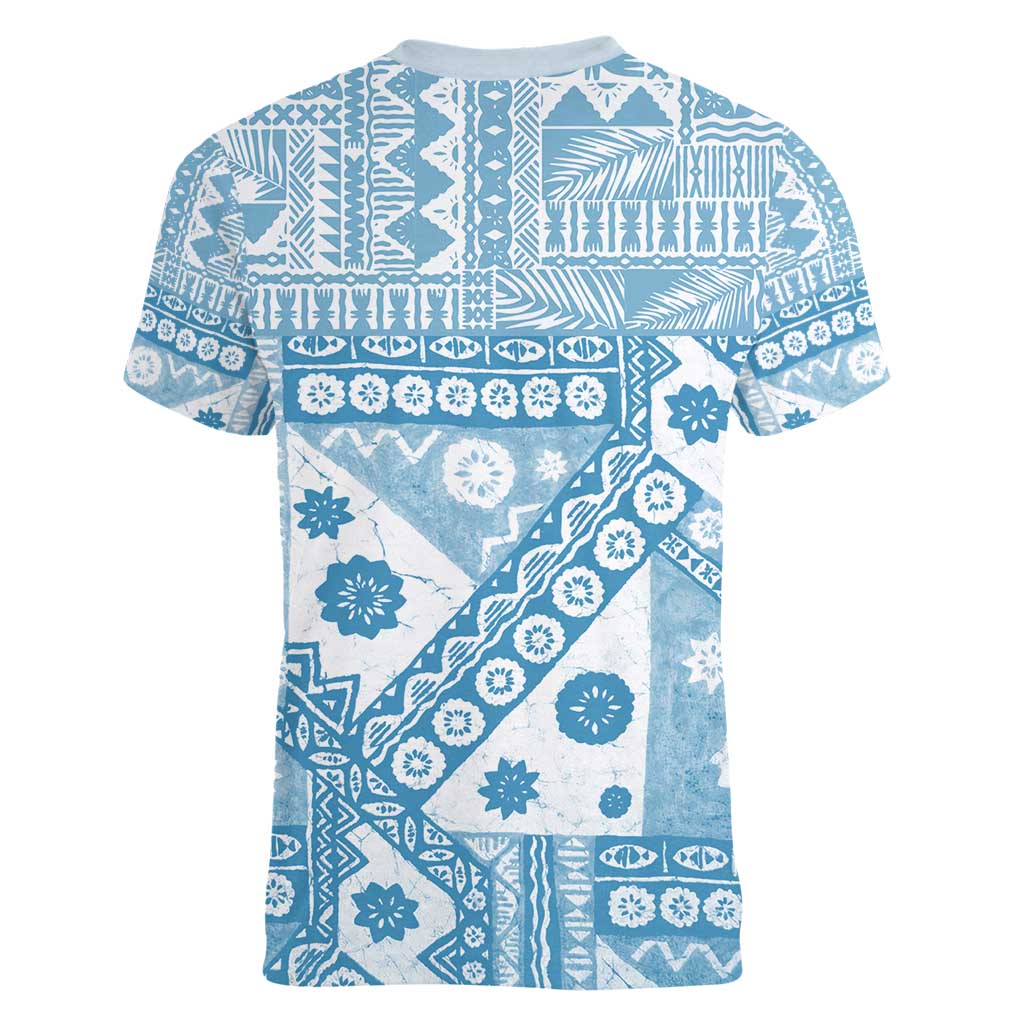 Blue Bula Fiji Women V-Neck T-Shirt Unique Masi Tapa Pattern