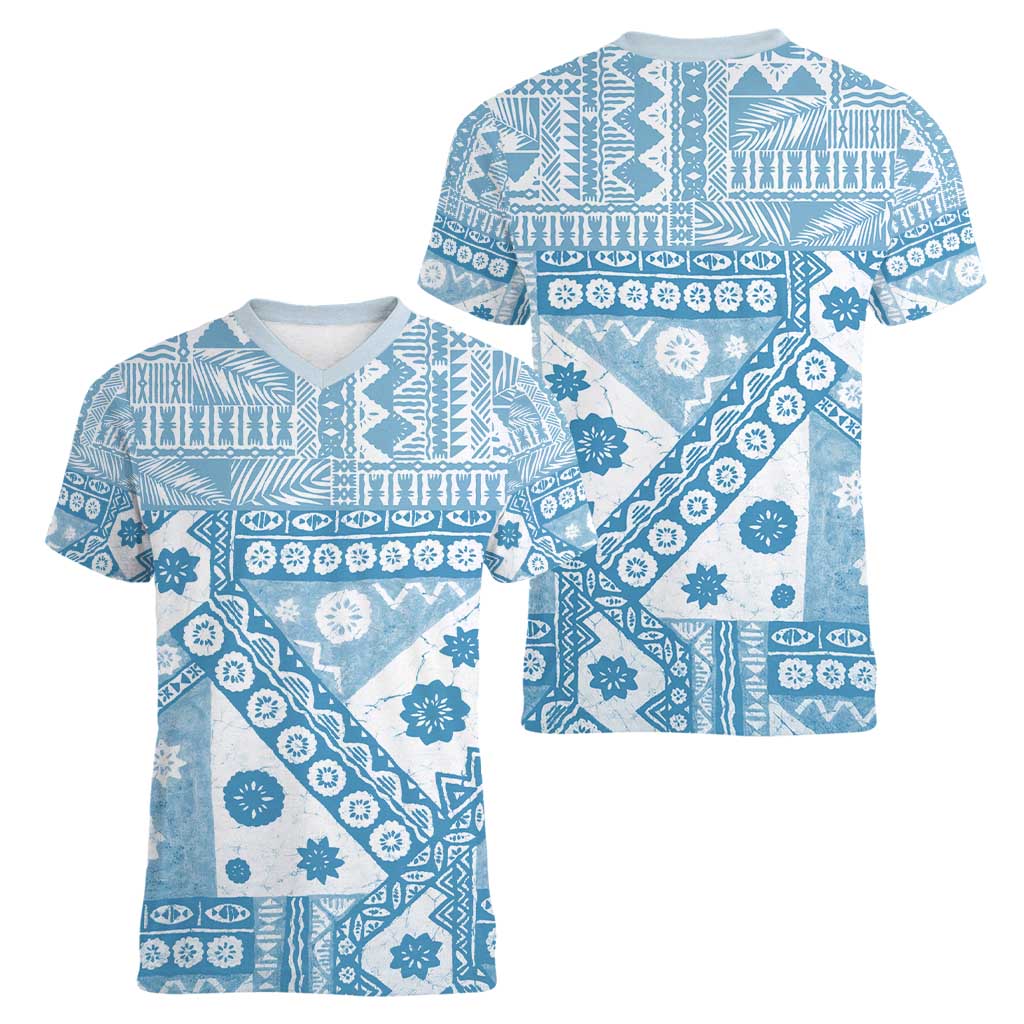 Blue Bula Fiji Women V-Neck T-Shirt Unique Masi Tapa Pattern