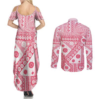 Pink Bula Fiji Couples Matching Summer Maxi Dress and Long Sleeve Button Shirt Unique Masi Tapa Pattern LT14 - Polynesian Pride