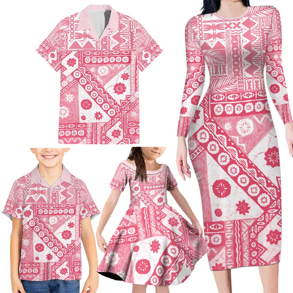 Pink Bula Fiji Family Matching Long Sleeve Bodycon Dress and Hawaiian Shirt Unique Masi Tapa Pattern LT14 - Polynesian Pride