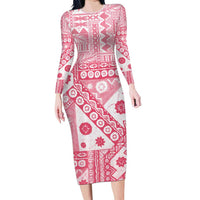Pink Bula Fiji Family Matching Long Sleeve Bodycon Dress and Hawaiian Shirt Unique Masi Tapa Pattern LT14 Mom's Dress Pink - Polynesian Pride